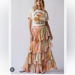 Free People Bali Washed Ashore tie dye Cotton Candy Tiered Maxi Skirt XS